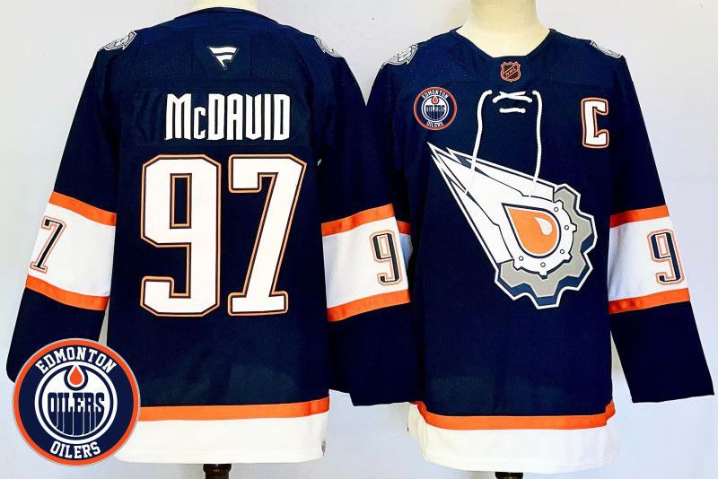 Men Edmonton Oilers #97 Mcdavid Drak Blue Fanatics 2025 NHL Jersey style 1